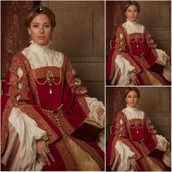 Cosplaydiy Vintage czerwona renesansowa suknia wieczorowa średniowieczna gotycka przebranie na Halloween L320