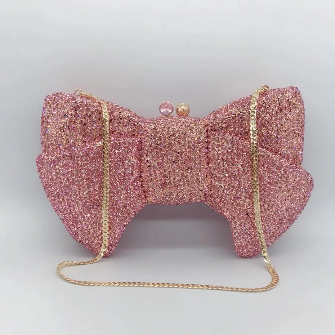 

Pink Women's Crystal Evening Clutch Luxury Bow-Shaped Rhinestone Lady Party Wedding Purse Prom Bridal Clutches Diamond Bags