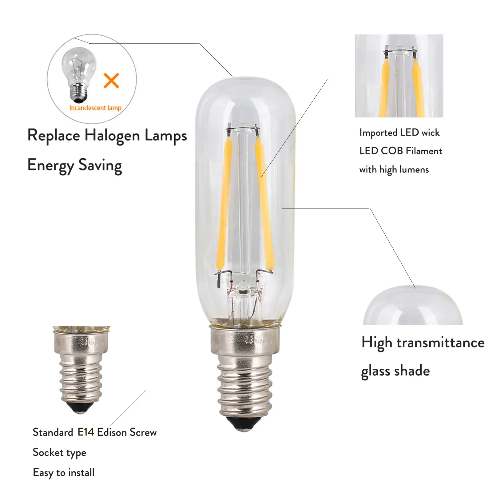 2W T25 Vintage Tubular LED Filament Bulb LED Light Bulbs SES Small Edison Screw E14 Base Warm White 2700K 20W Halogen Equivalent
