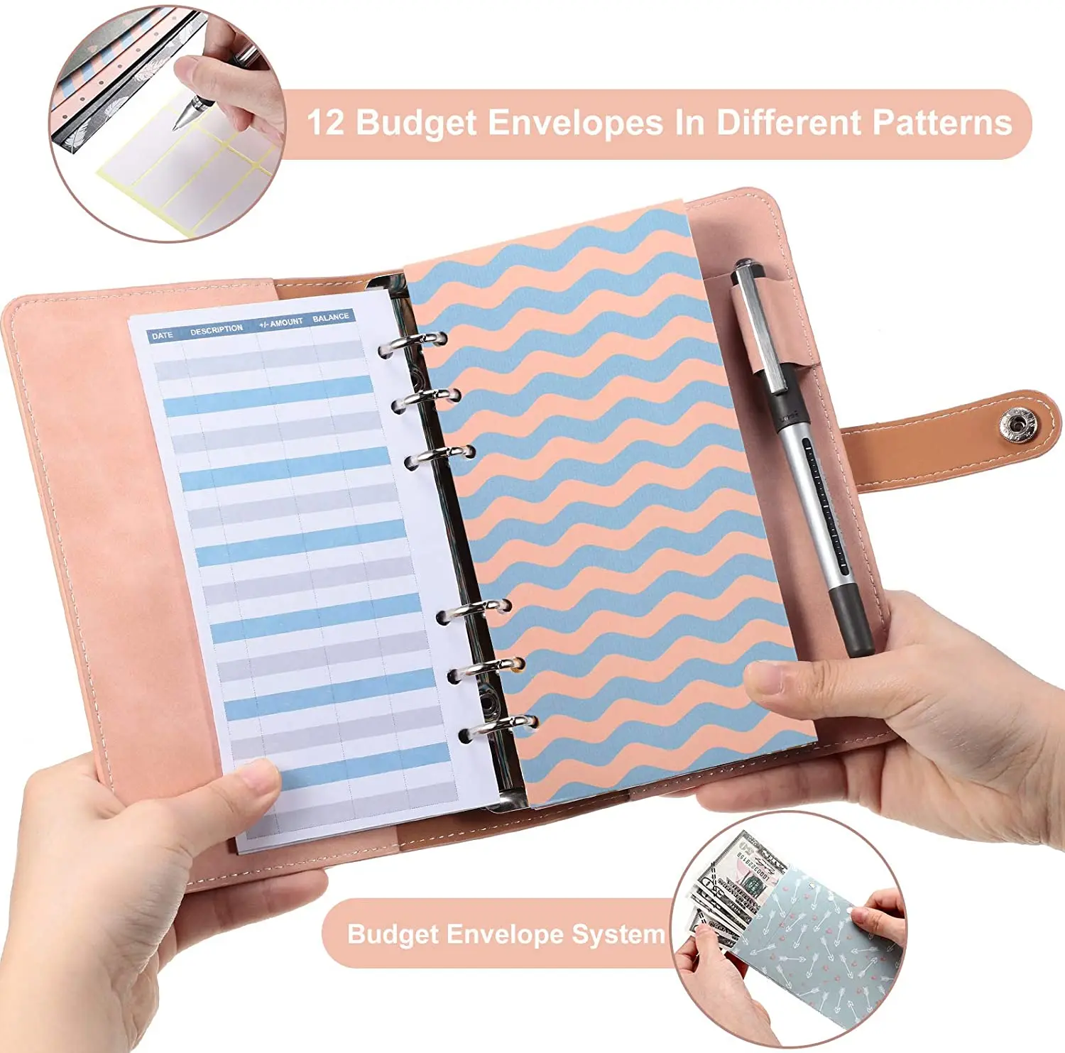 49Pcs A6 PU Leather Notebook Binder Includes 6 Rings Binder Cover,12 Budget Envelopes System,Expense Budget Sheets and 24 Labels