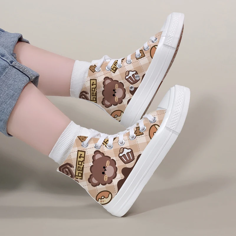 Amy and Michael Lovely Anime Bear Hand Painted Canvas Shoes Girls Students Cute Casual Sneakers Woman Vulcanize Shoes Size 45 46