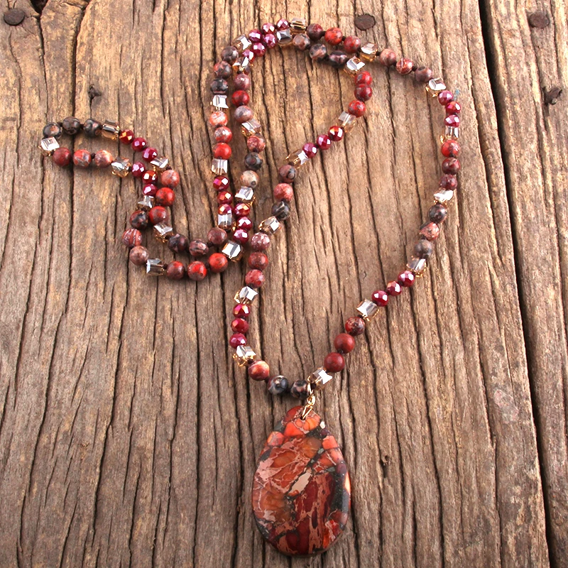 RH Fashion Bohemian Jewelry 6mm Natural Stones Crystal With Semi Precious Dorp Pendant Necklaces For Boho Necklace