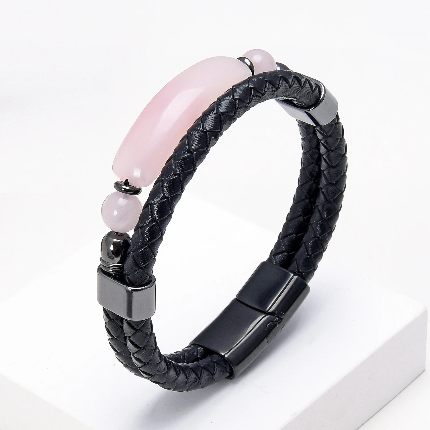 High Quality Natural Stone Man Bracelet Black Leather Rope Chain Men Stainless Steel Clasp Tiger Eyes Bracelets Handmade Jewelry