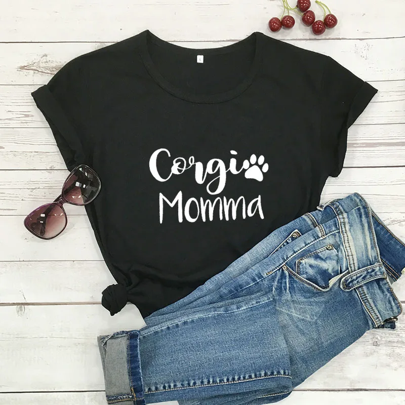 Corgi Momma Printed New Arrival Women\'s Funny 100%Cotton T-Shirt Dog Lover Shirts Corgi Lover Tees Gift for Dog Mom