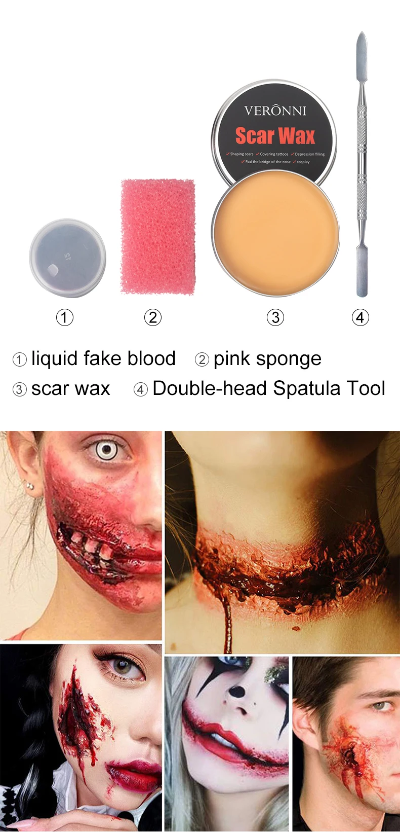 SFX Makeup Kit Narbenwachs Halloween Spezialeffekte Bühne Fake Wunde Hautwachs mit Spatel Stipple Schwamm Fake Wood Special – Detail 2