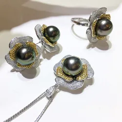 MeiBaPJ Real 925 Silver Sun Flower Earrings & Necklace & Ring Fine Wedding Jewelry Sets For Women Natural Big Pearl Suit