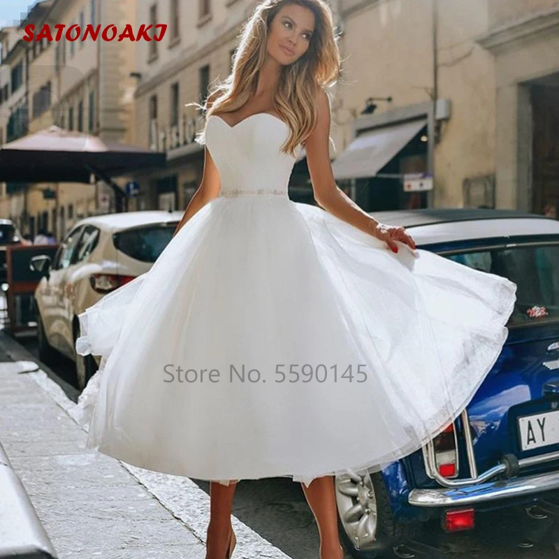 Vestido De Novia New Simple Short Wedding Dress 2024 for Women Tea Length Bead Sash A Line Boho Bridal Gown Robe Mariée France