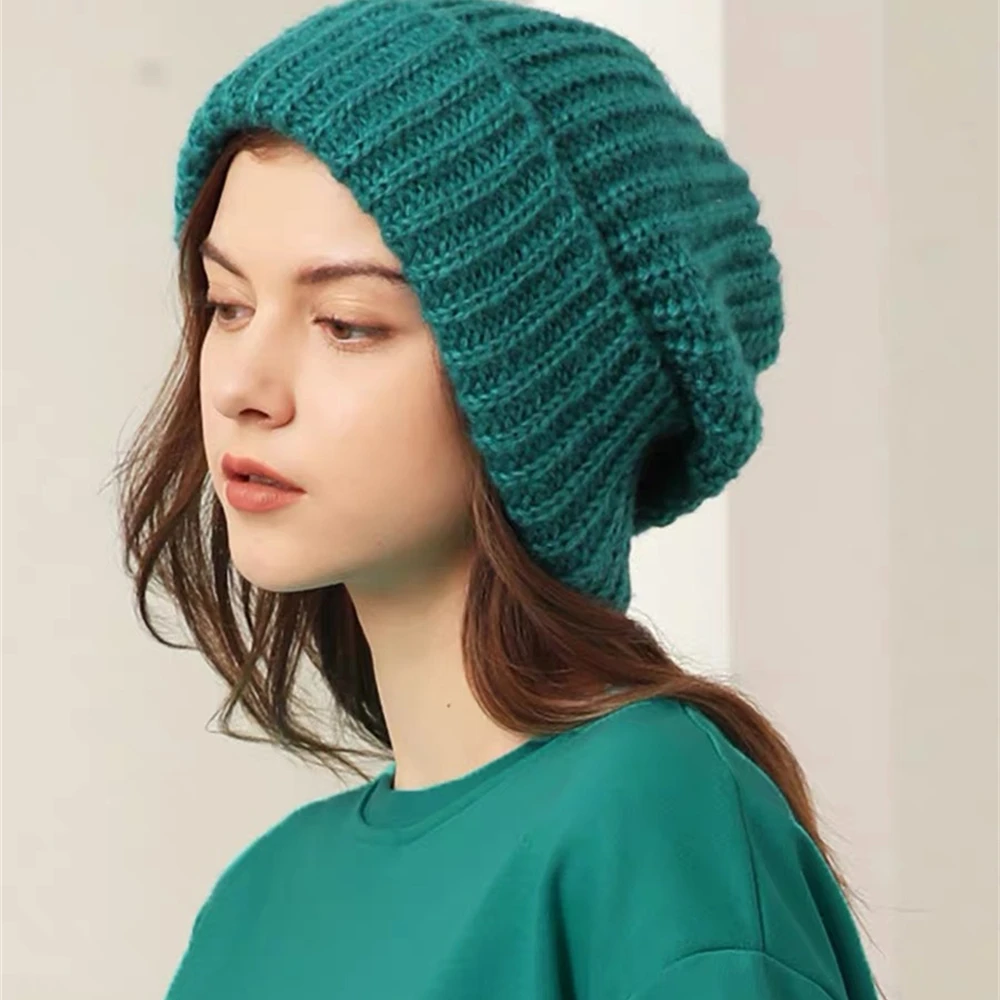 

Winter Knitted Women's Hats Lock Temperature Warm Unisex Caps Skin-friendly Soft Big Head Woolen Beanie Clothing Accessories