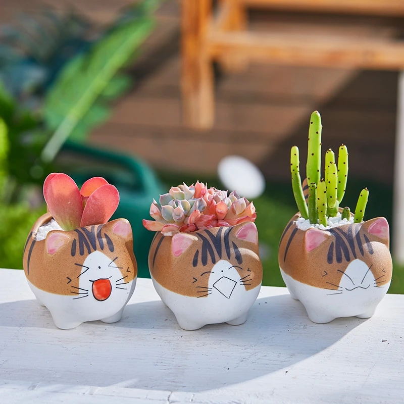 Ceramic Cat Succulents Flower Pot Cute Cartoon Mini Animal Planter Bonsai Cactus Plant Pots Desktop Decor Creative Gift