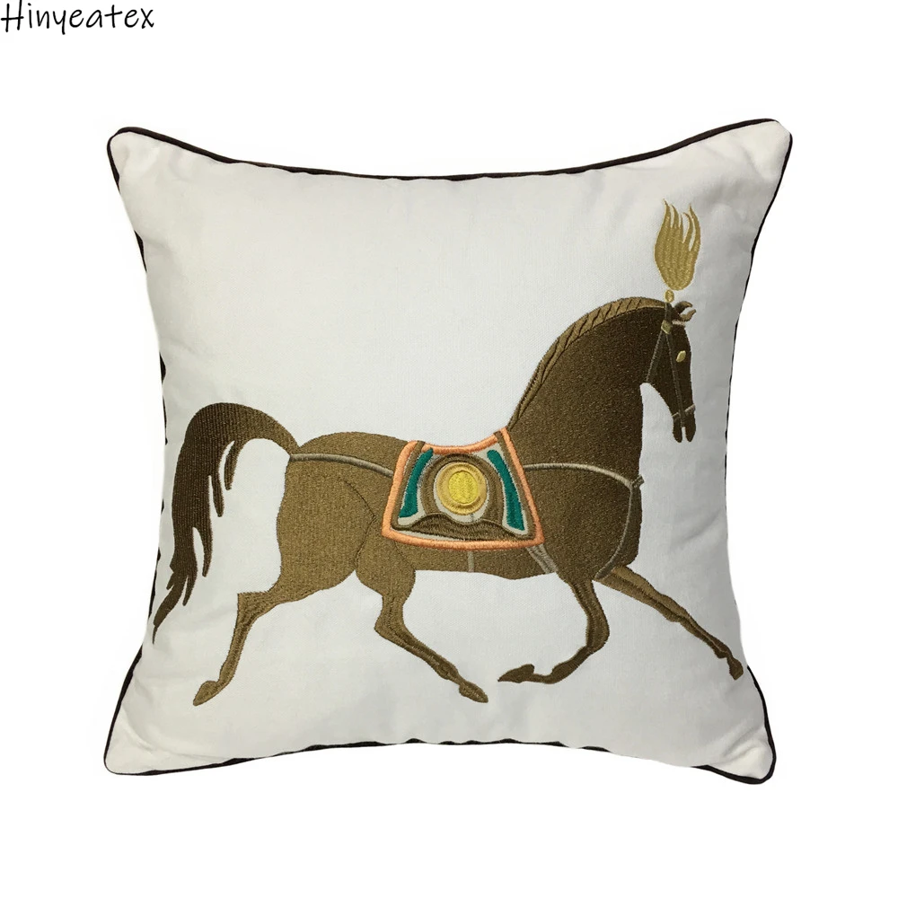 Funda de almohada de diseño de caballo bordado moderno, cubierta de cojín de sofá de lona blanca, ropa de cama decorativa para el hogar, 45x45cm, se vende por pieza
