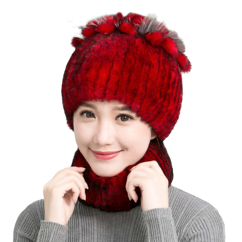 

Genuine Rex Rabbit Fur Beanies Hats Fox Pom Winter Caps Fashion Ear Protector Headgear LF9102