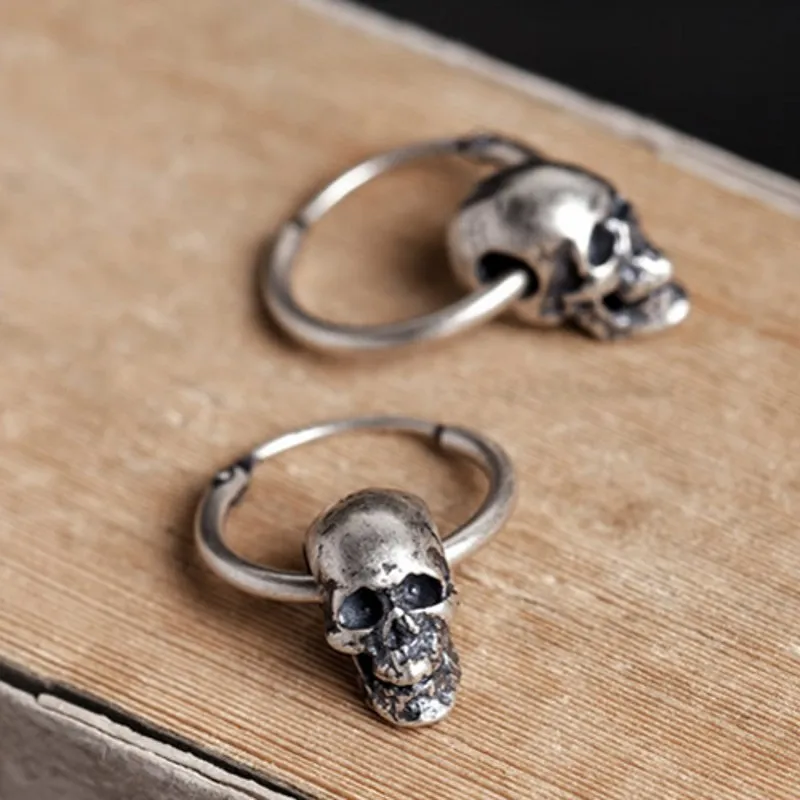 

New 100% Real S925 Silver Jewelry Retro Skull Earrings Gothic Series Thai Silver Allergy Farrings Earrings for Men and Women
