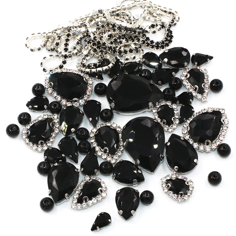 Handmade Accessories Black Teardrop Mix Size Glass Crystal Stones Pearl Beads Cup Chain Rim Rhinestones Sew On Clothing/Dress