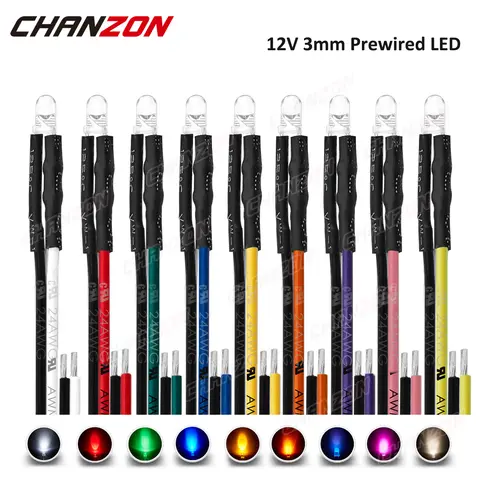 20Pcs 3mm LED Diode 12V Warm White Red Green Blue Yellow Orange UV Purple Pink Prewired 5 9 12 V Light Emitting Indicator Lamp