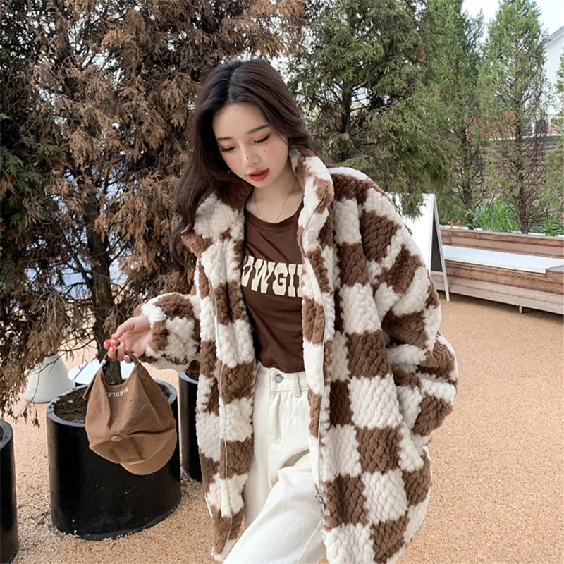 High Quality Women Plaid Weave Faux Rabbit Fur Coat Stand Collar Long Sleeve Winter New Brown Green Casual Warm Soft Fur Outwear