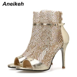 Aneikeh Fashion Spring Gold Glitter Rhinestone Mesh Ankle Sandals Boots High Heels Sexy Booties Peep-toe Pumps Lady Party Shoes