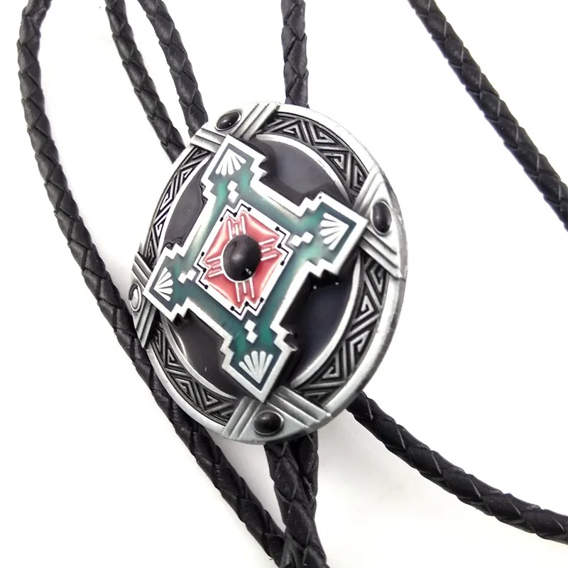 Black Stone Inlay Southwest Indian Art Totem Unisex Bolo Tie for Men Women Vintage Necktie Polygon Geometric Wedding Accessories