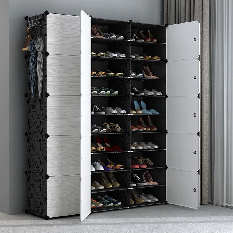 Multi-cube Shoe Cabinet Modular Home DIY Storage Organizer Bedroom Wordrobe Closet Plastic Shoe Rack with Umbrella Hanger