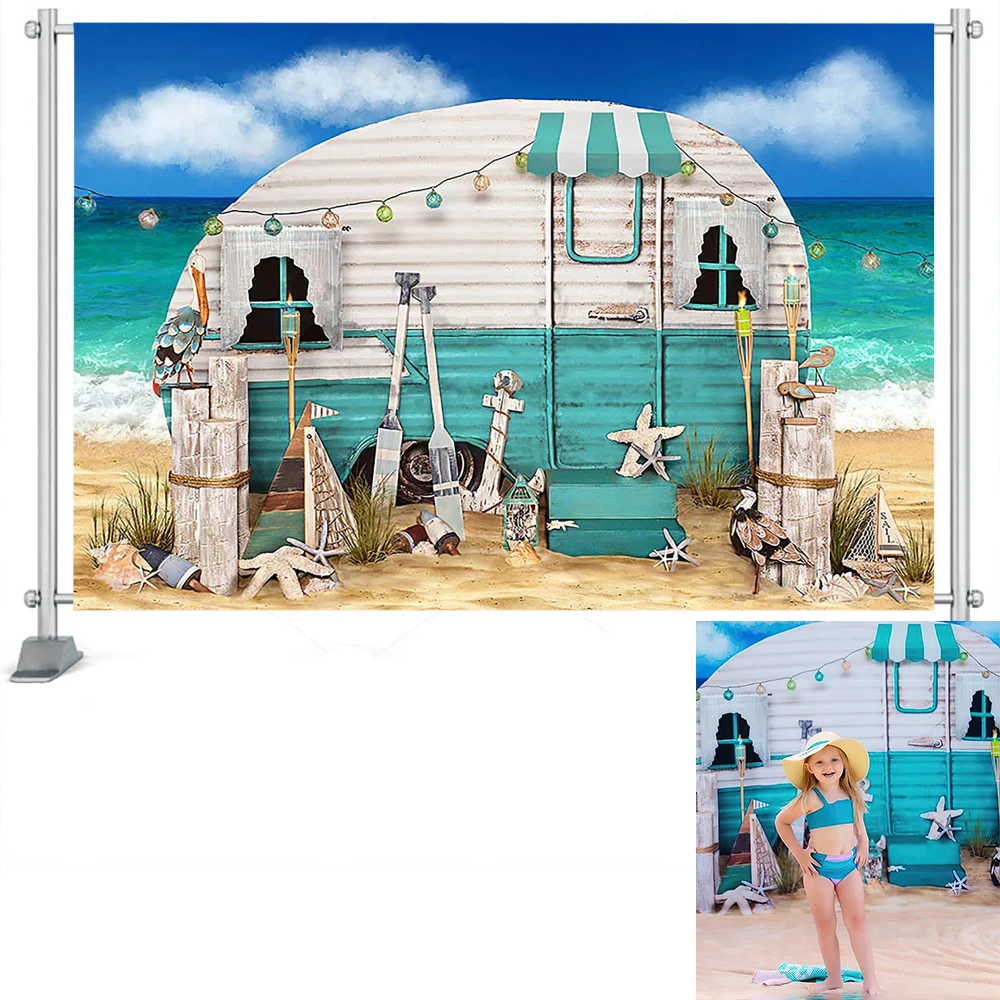 Summer Seaside Photography Backdrops RV Decoration Kids Birthday Photo Props Sandy Beach Starfish Photo Background Photo Studio