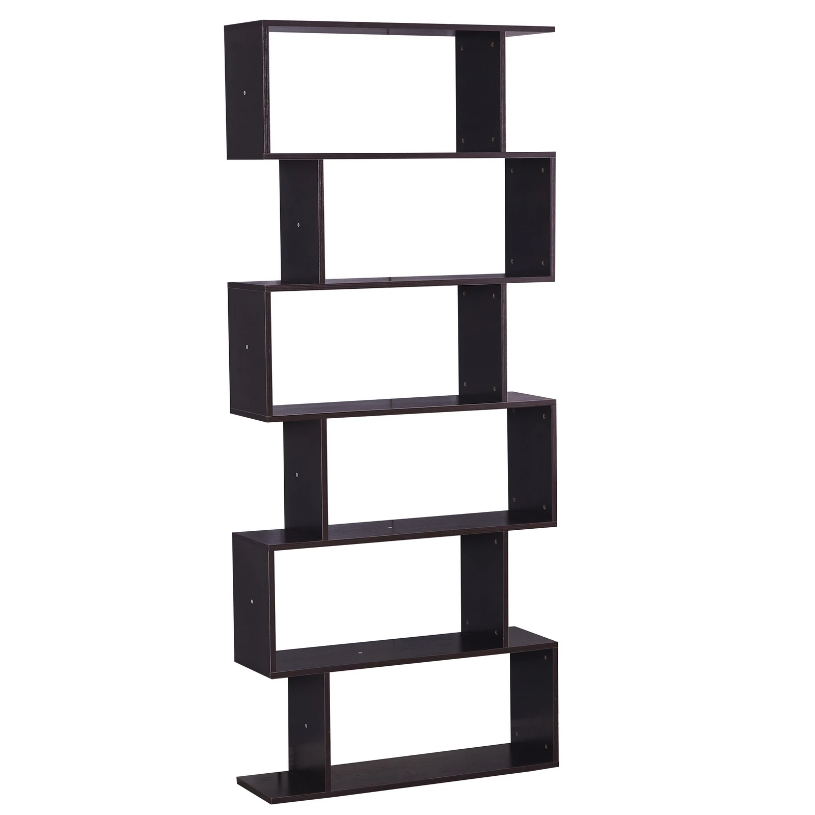 6 Layer Bookcase Modern S-Shaped Z-Shelf Style Bookshelf Multifunctional Wooden Storage Display Stand Rack Dark Brown[US-Stock]