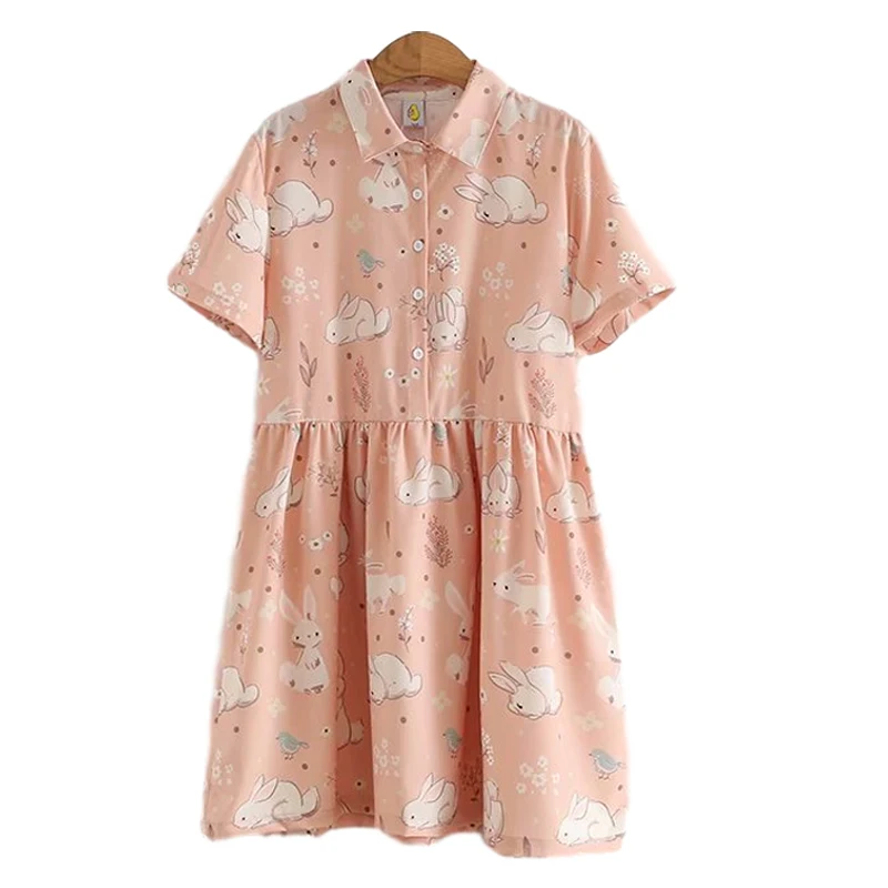 Soft Girl Kawaii Bunny Pink Dress Teens Green 2022 Summer Vintage Cute Rabbit Women Casual Chiffon Short Sleeve Shirt Dresses