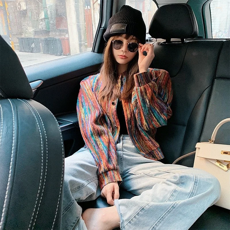 

Style Korean Womens Vintage Design Short Loose Print Striped Rainbow Knitting Jackets Office Lady Single Breasted O-Neck Coat