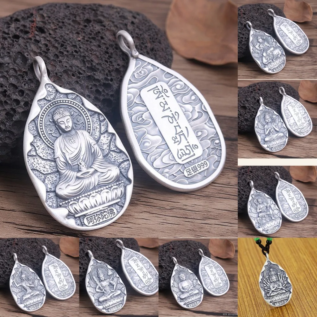 BOCAI 100% S999 Sterling Silver Pendant Leaf Shape Life Guardian Buddha Pure Argentum Six Character Truth Amulet For Men Women