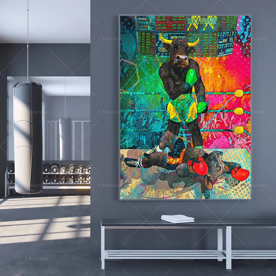 

Boxing Canvas Painting Art Poster Stock Market Animal Artwork Extra LARGE Canvas Wall Art Bulls Win FINANCE Art for Home Office