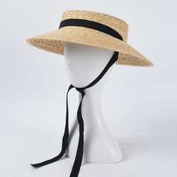 Fashion Women Summer Hat Wide Brim Beach Hat Ribbon Tie Wheat Straw Hat Outdoorsman Boater Hat Sun Protective Panama