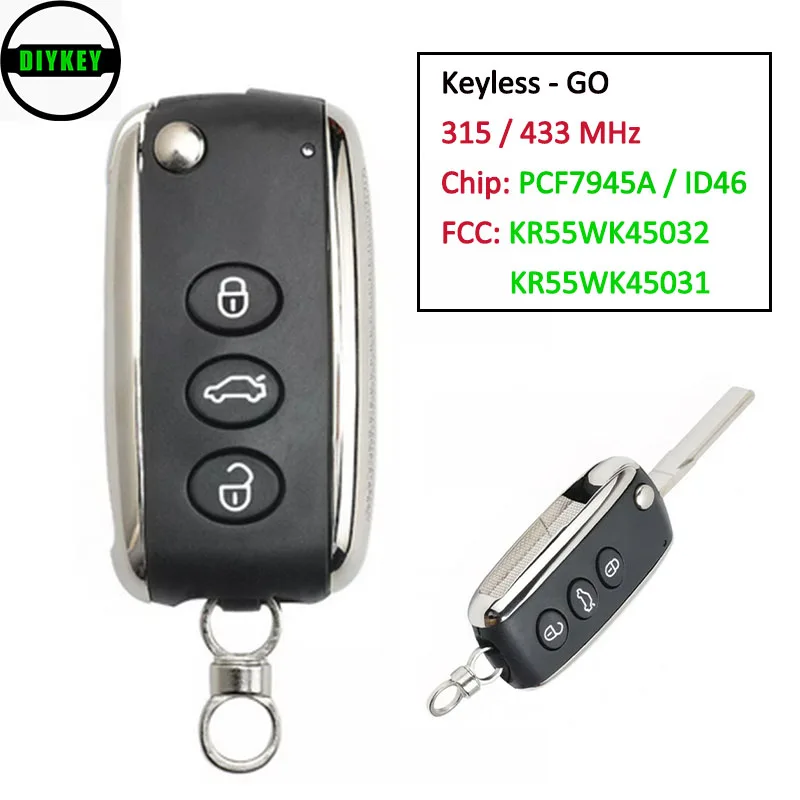 

DIYKEY Keyless-GO Flip Smart Remote Key 3 Button 315 / 433MHz 46 Chip Uncut Blade for Volkswagen Phaeton before 2015 KR55WK45032