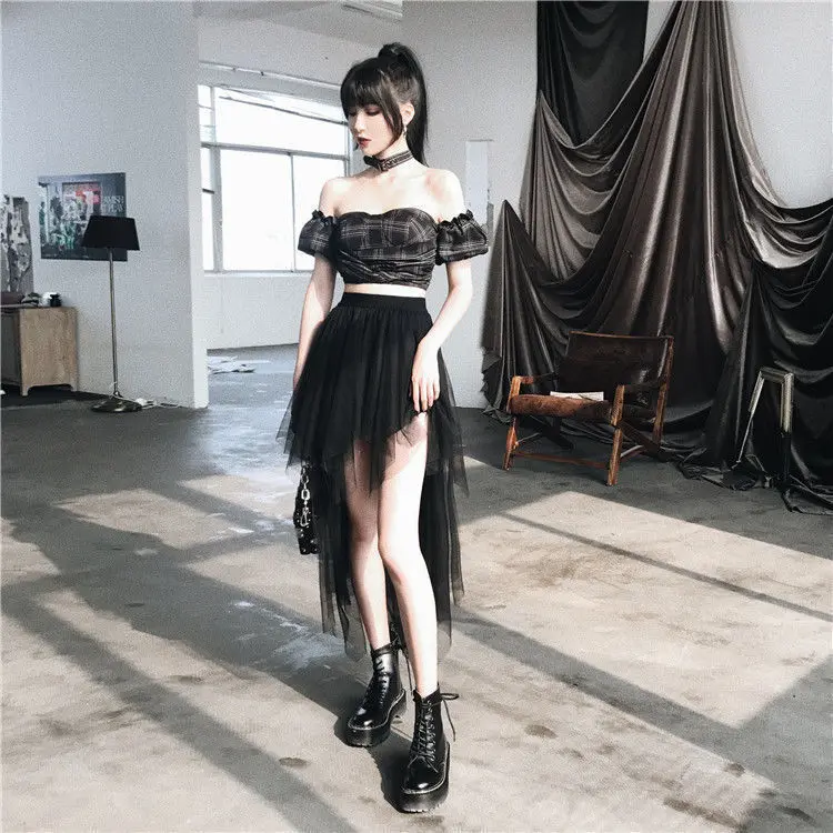 

Women's High Waist Bust Mesh Skirt Short Front and Long Back 2021 Korean New Office Lady Ball Gown Knee-Length