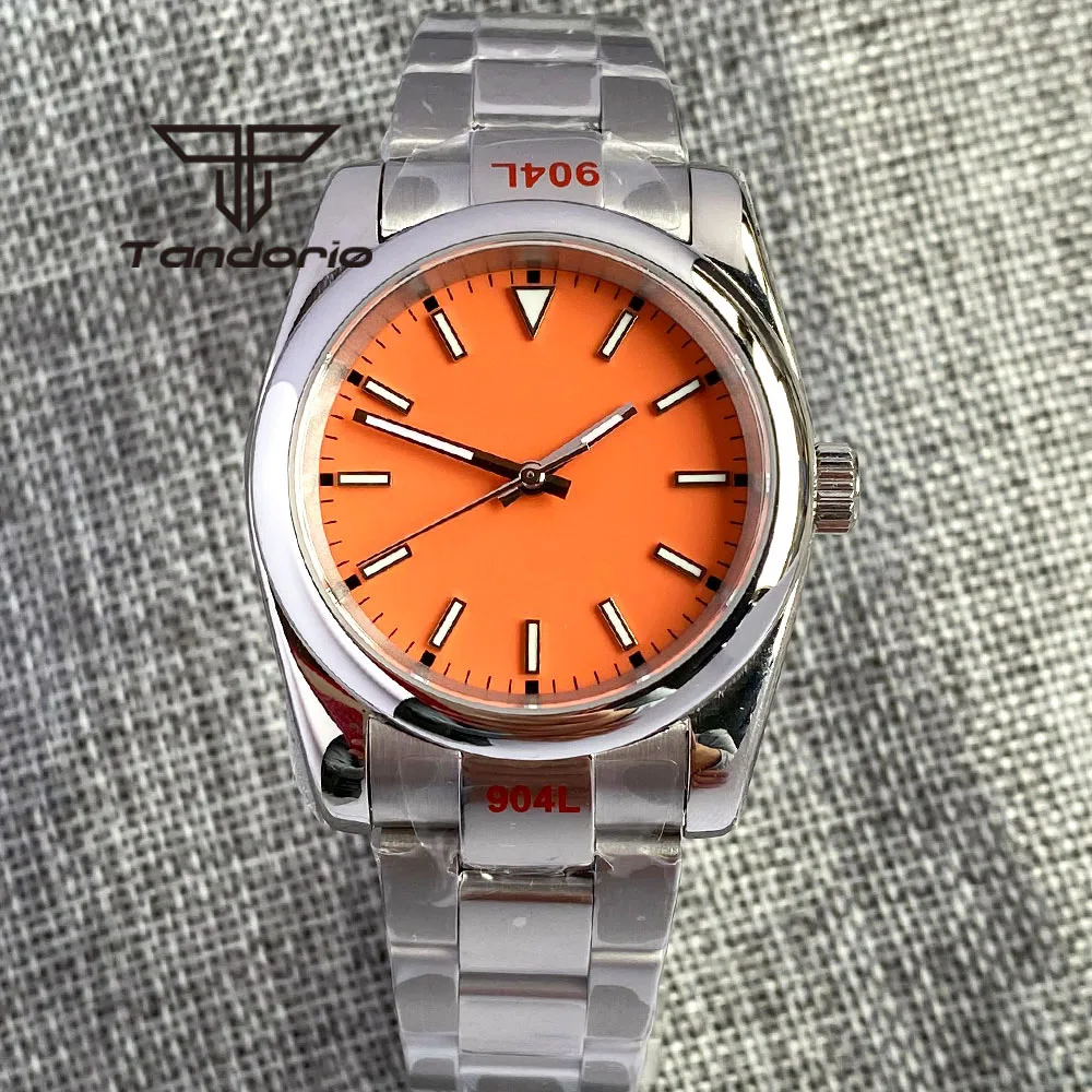 

36/39mm Automatic Men's Watch Orange Dial Sapphire Crystal PT5000 NH35 MITOTA MINGZHU Polished Bezel Green Lume Bracelet