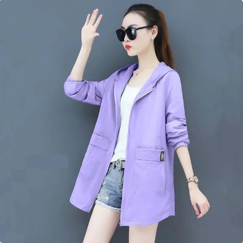 UHYTGF Hooded 5XLLoose Size Sun Protection Clothing Women Solid Wild Thin Jacket Anti-UV Breathable Outdoor Summer Tops Coat 815