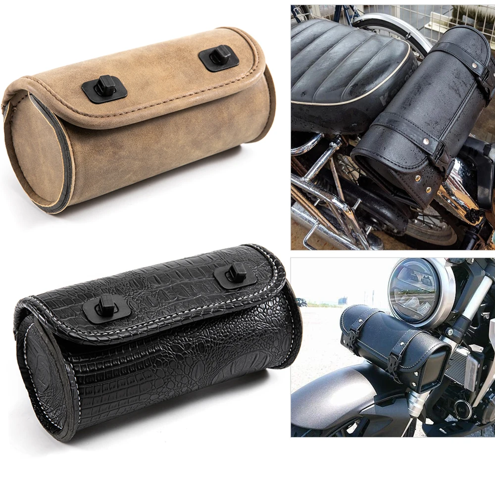 

Motorcycle Fork Bag PU Leather Handlebar Tool Pouch Sissy Bar Roll Storage Bag with 2 Straps For Cruiser Sportster