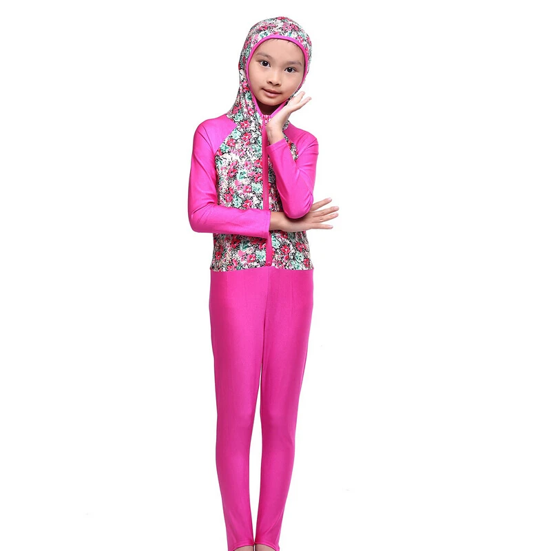 Girls Full Cover Swimsuits Arab Islamic Hooded Printing Bodysuits Musulman Bath Suits Quick Dry Beachwear for Kids 3-12years