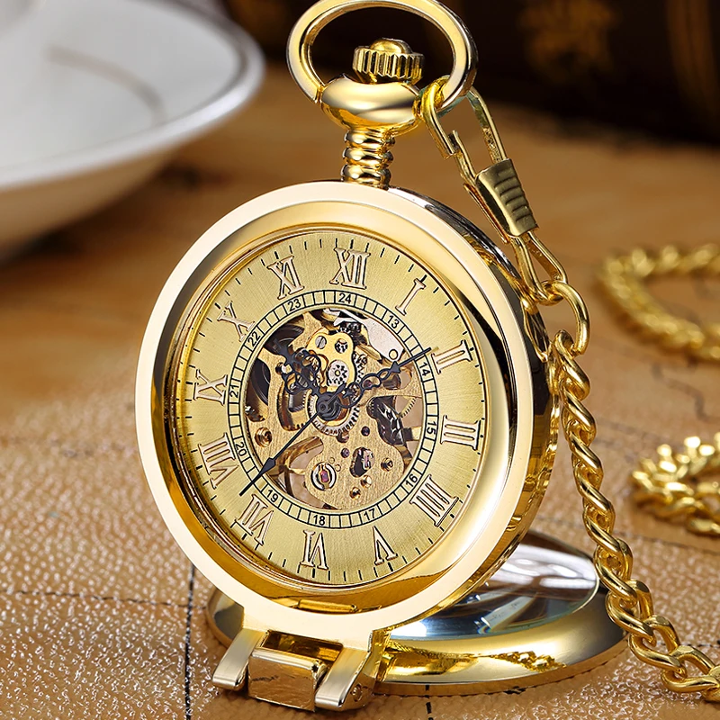 Luxury Retro Golden Hollow Skeleton Mechanical Pocket Watch Mens Fob Chain Steel Exquisite Sculpture Women Pocket Wath Gifs