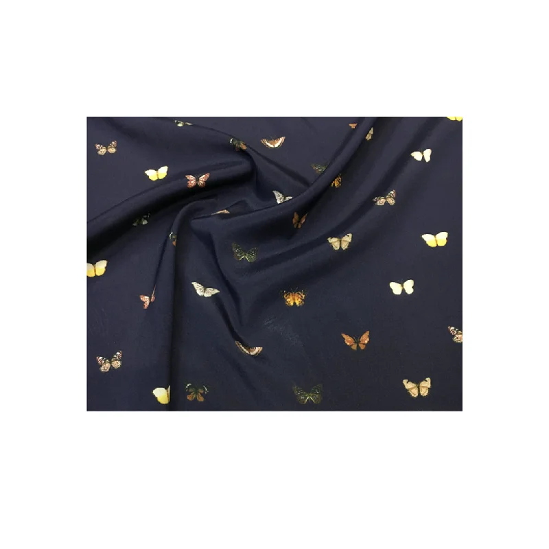Colorful little butterfly printing navy blue elastic crepe de chine digital printing natural mulberry silk high fashion fabric