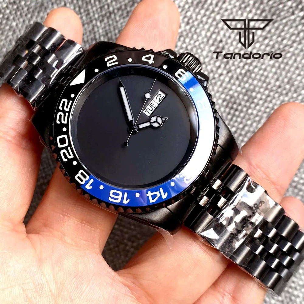 40mm Black PVD Case Automatic Men's Watch NH36A Movement Weekday Date Window Luminous Hands Jubilee Bracelet