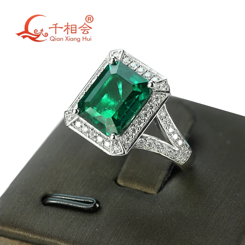 S925 Silver Green Color Emerald Ring 9x11MM Created Hydrothermal Muzo Emerald with Melee Moissanite for Wedding Jewelry