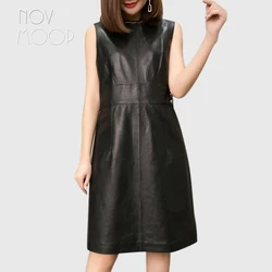 Novmoop Elegant sexy black O-neck natural genuine leather autumn winter women dress with button zipper decor robe femme LT2810