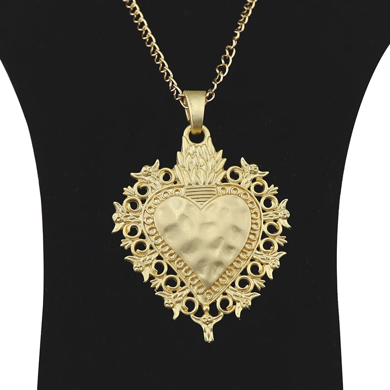 Matt Gold Color Fashion Large Abstract Metal Boho Large Love Heart Jewellery Pendant Necklaces on Long Link Chain Lagenlook 34