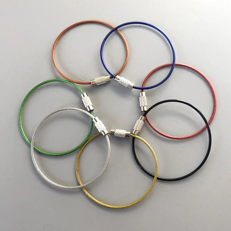 Colorido aço inoxidável fio Keychain, Loop cabo, parafuso bloqueio corda, porta-chaves, chaveiro, cadeia anéis, ferramenta ao ar livre, 1.5x150mm, 5pcs