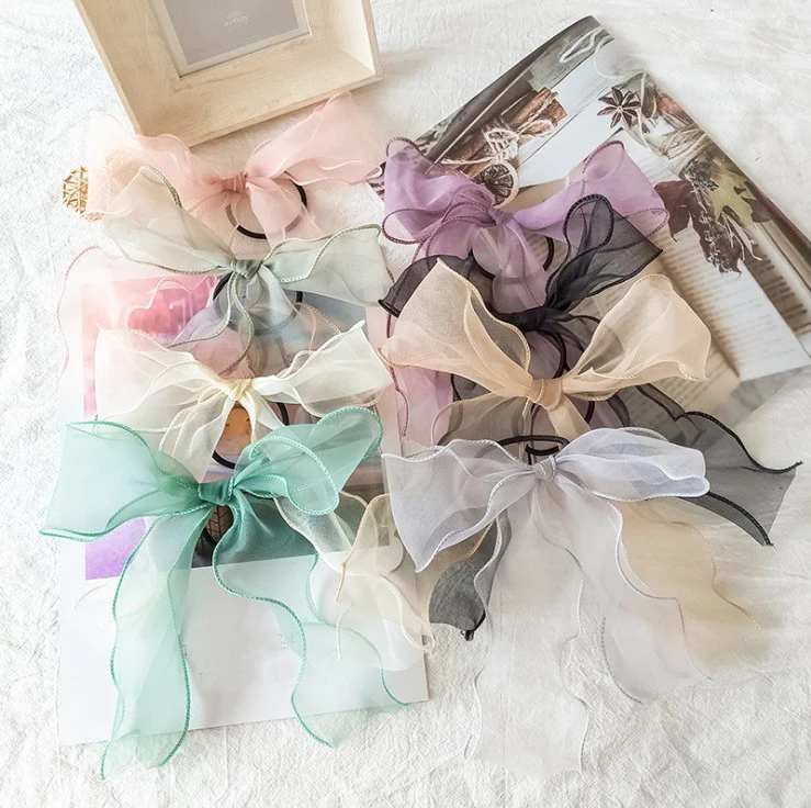 Korean Girl Hair Rope Tulle Scrunchie Ribbon Elastic Hair Bands For Women Elegant Bow Ties Ponytail Holder Hair Accessories