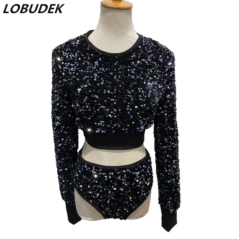 

Female Dancer Group Jazz Modern Dance Costume Red Black Sequins Short Tops Shorts 2-Pieces Set Sexy DJ Singer Performance Outfit