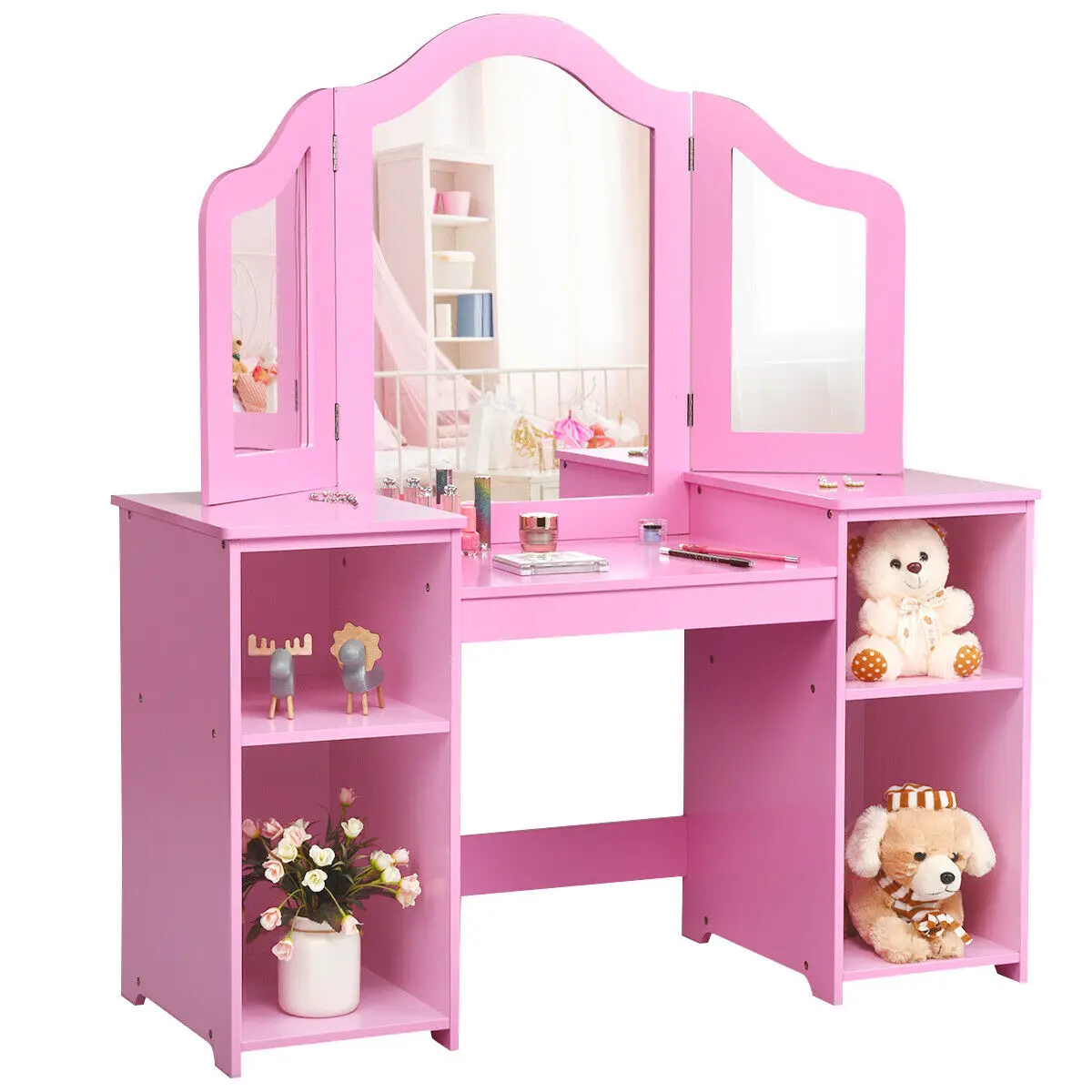 Vanity Table Set Makeup Dressing Kids Girls Study Table Tri Folding Mirror  TY327770