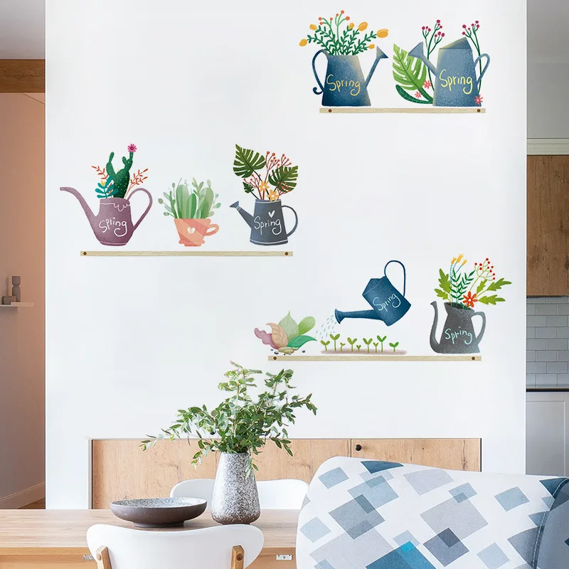 Creative Plant Watering Pot Wall Sticker Living Room Decoration Beautify Decals For Kitchen Background Decor Self-adhesive Mural