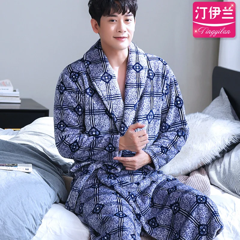 H5955 Men Robes Winter Plus Thick Coral Velvet Long Sleeve Bathrobe Sleepwear Male Warm Large Size Comfortable Soft Nightwear