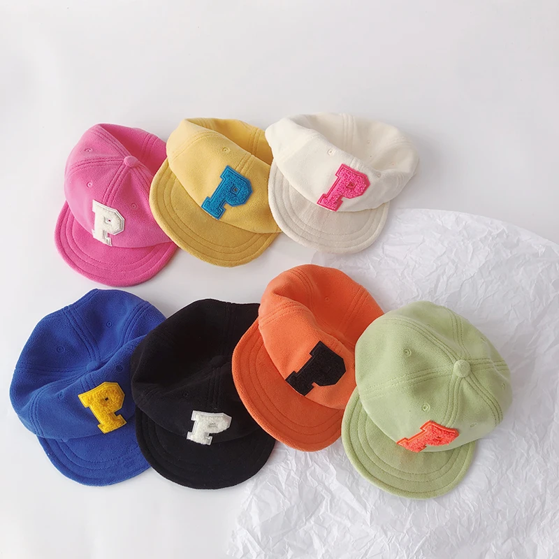

Autumn Winter Baby Baseball Hats Velvet Thicken Warm Kids Boys Girls Caps Letter P Pattern Children Hat 7 Colors