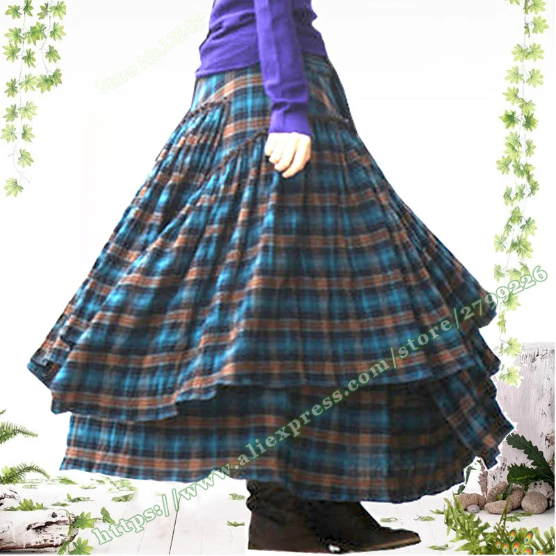 Women\'s Asymmetrical  Casual, 100% Cotton Plaid Grid Pleated Asymmetrical Female Plus Size6XL 7XL 8XL XXXXL Maxi Long Skirts