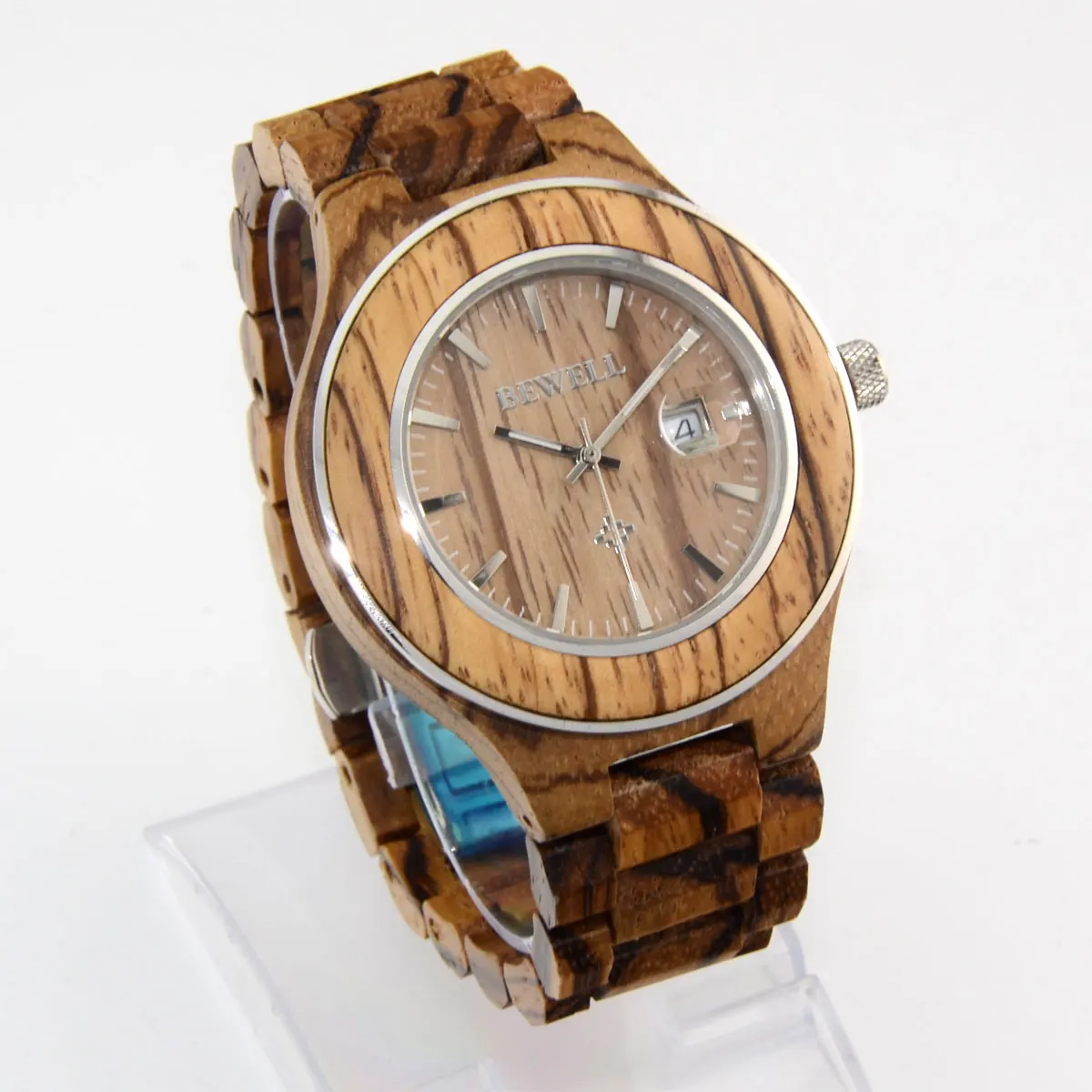 Men's Wooden Watches Natural Zebra Wood Sandalwood Stainless Steel Ring Calendar Quartz Wrist Watches